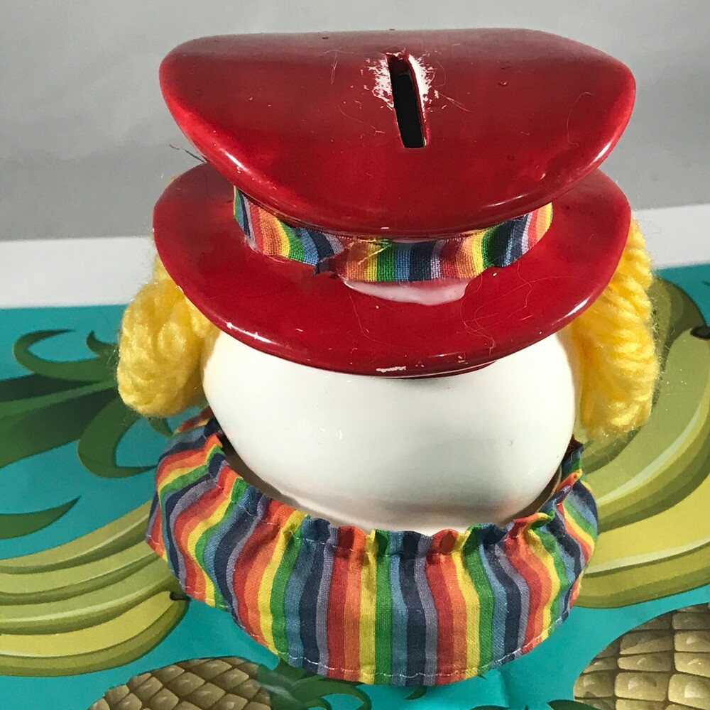 CLOWN BANK Ceramic Taiwan Yarn Hair Fabric Ruffle Rainbow 5 Inch Circus Vtg - Picture 4 of 12